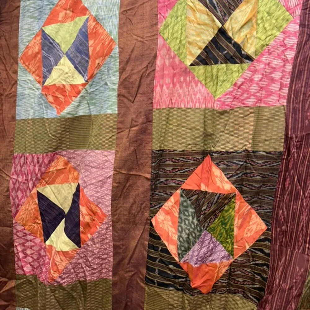 Indian Silk Pathwork quilt coverlet bedspread multicolor earthy  QUEEN